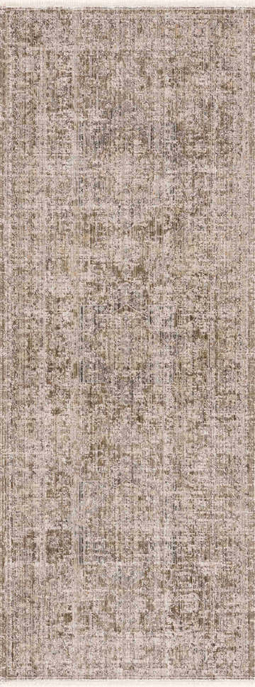 Close-up of the Aistys Washable Area Rug. Beige rug with a traditional vintage pattern and subtle texture. Design-Runner-2773