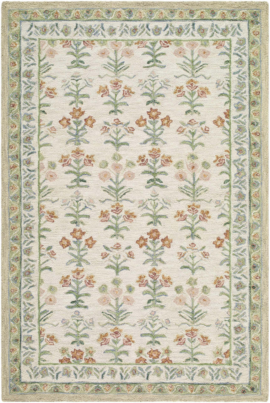 Close-up of the hand-tufted Alonsa Ivory Area Rug. Features a floral pattern in orange, pink, and green on a soft ivory wool. Design-Rectangle-576