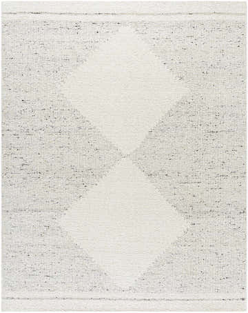 Close-up of Ethara Ivory Charcoal rug. Hand-woven wool rug with global bohemian tribal pattern. Cream and charcoal colors. Design-Rectangle-810