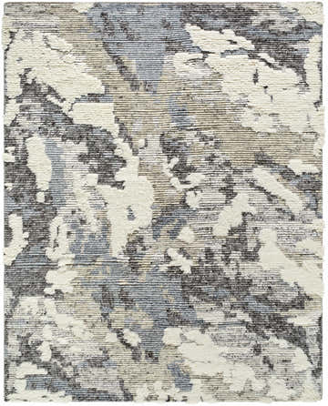 Close-up of the Doveton Plush Wool Rug. Features a shag texture with a contemporary abstract pattern in cream, blue, gray, and tan. Design-Rectangle-810