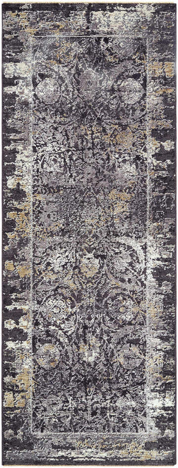 Close-up of the Abiram Area Rug. Machine-woven polyester rug in black, charcoal, gray, ivory, and tan with a traditional pattern. Design-Runner-2773