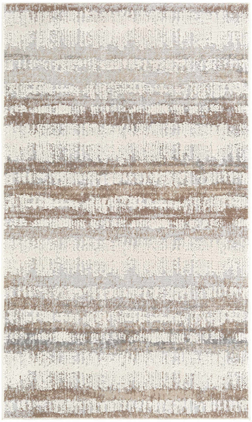 Close-up of the Asmara Brown Area Rug featuring ash, pearl, sage, and silver gray horizontal stripes. Design-Rectangle-237