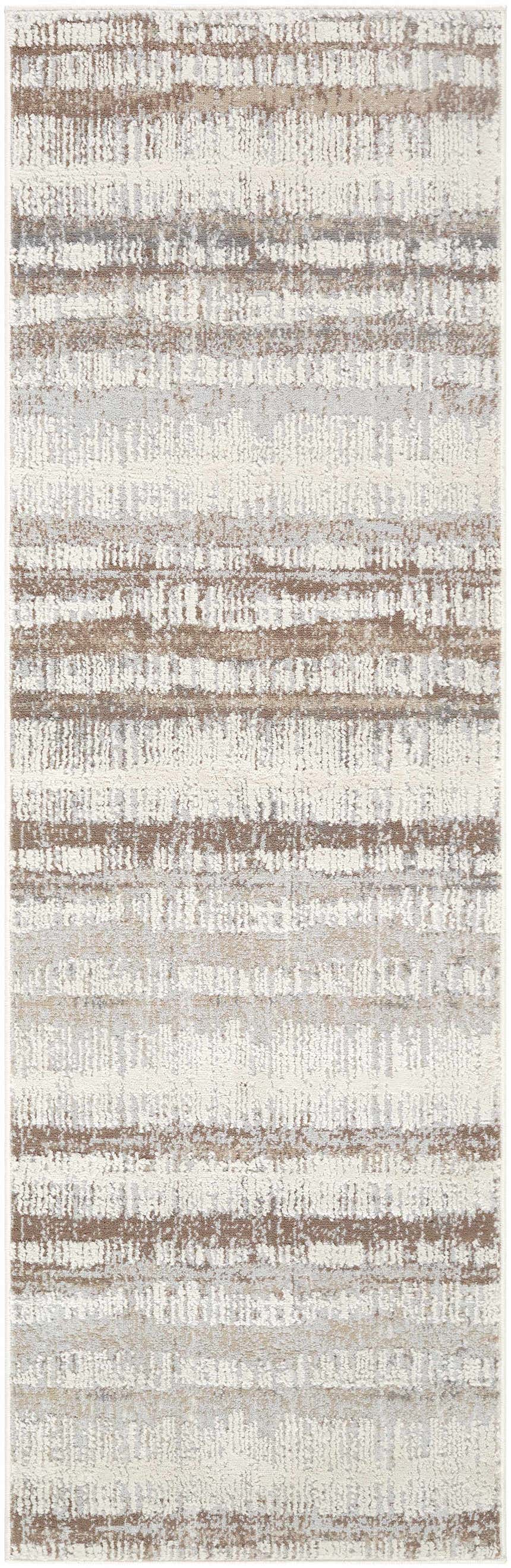 Close-up of the Asmara Brown Area Rug, featuring a contemporary striped pattern in ash, pearl, and brown tones. Design-Runner-2377