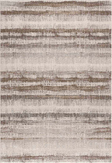 Close-up of the Asmara Brown Area Rug featuring a contemporary striped pattern in ash, pearl, and silver gray. Design-Rectangle-5373