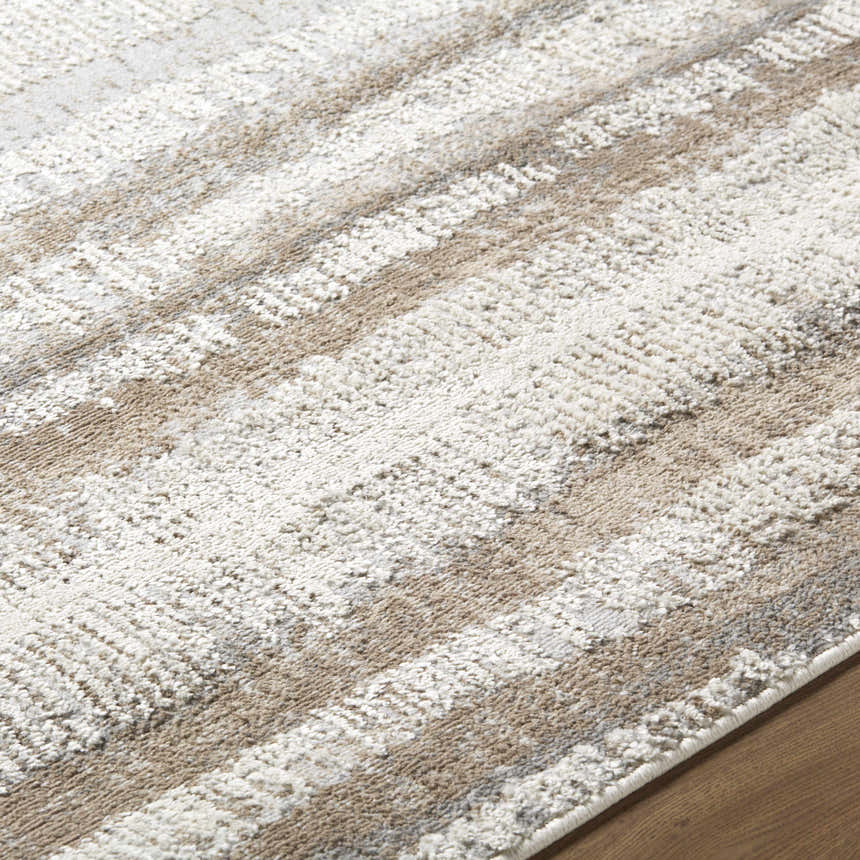 Close-up of the Asmara Brown Area Rug showing its textured, contemporary stripe pattern in ash, pearl, and brown tones. Texture