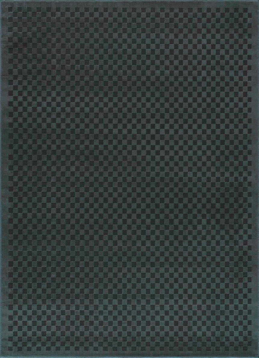 Close-up of the Gaiwan Oil Green Washable Area Rug, featuring a subtle checkerboard pattern in petrol blue hues. Design-Rectangle