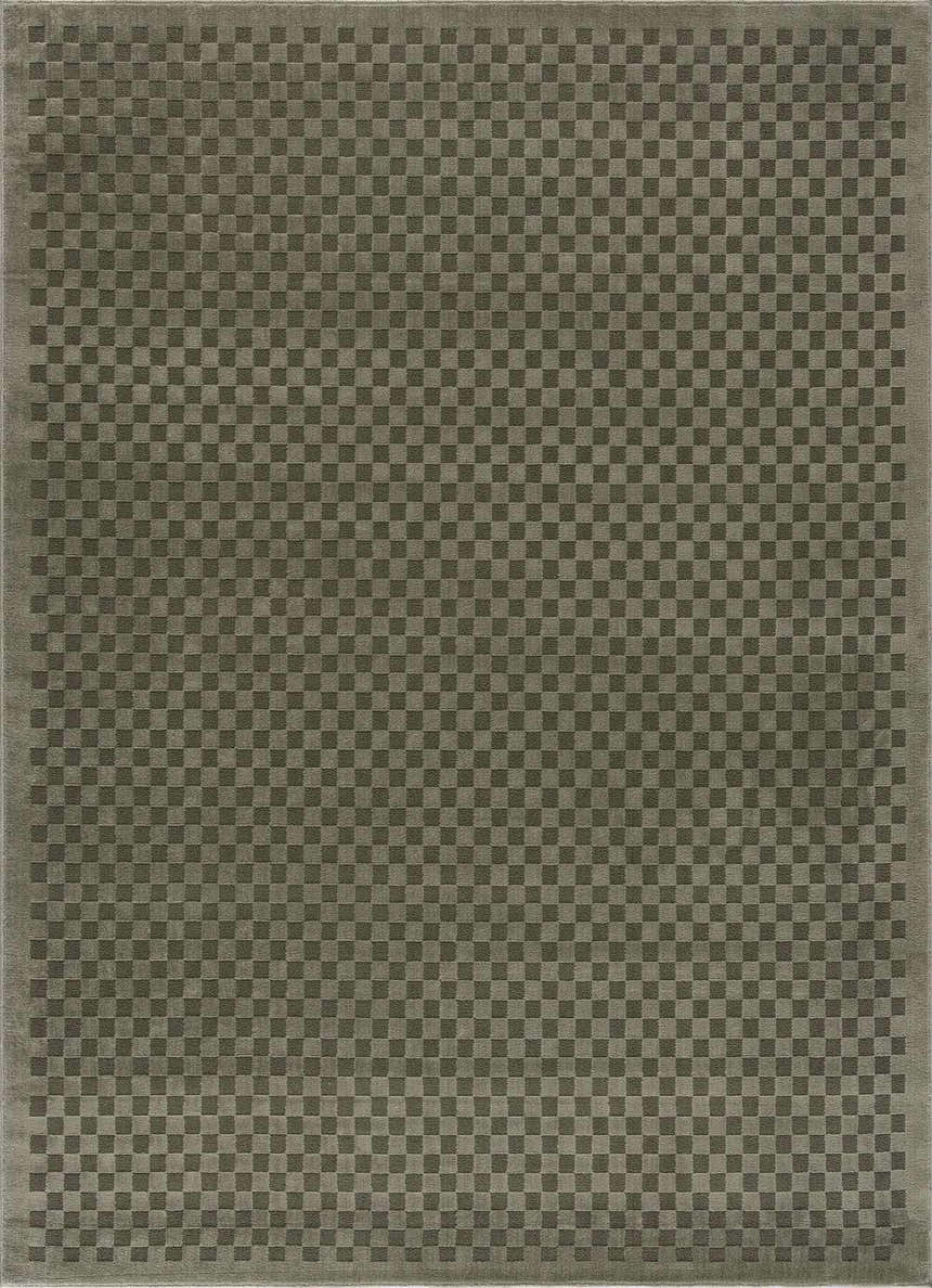 Close-up of the Gaiwan Olive Green Washable Area Rug featuring a subtle checkerboard pattern in gray green tones. Design-Rectangle