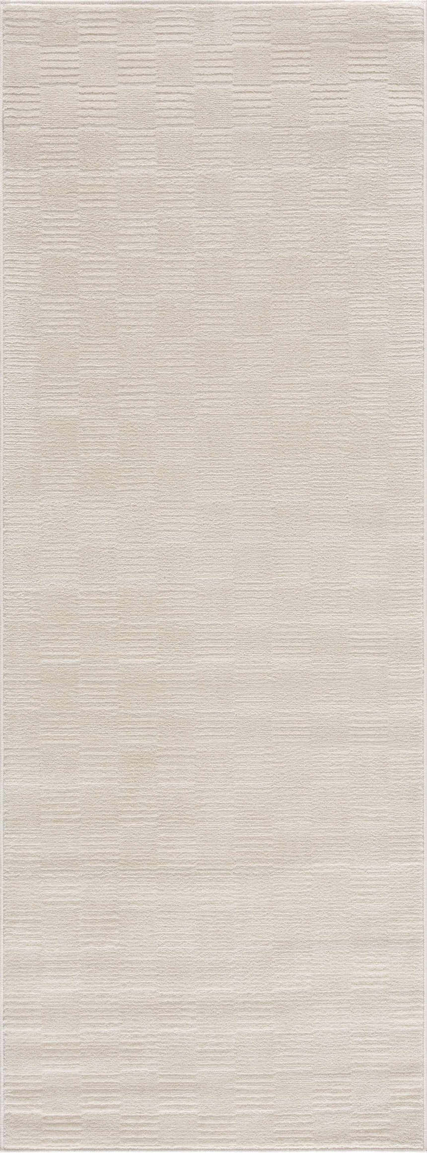 Close-up of Kazuma Cream Checkered Washable Area Rug. Neutral cream and off-white tones with a subtle checkered pattern. Design-Runner