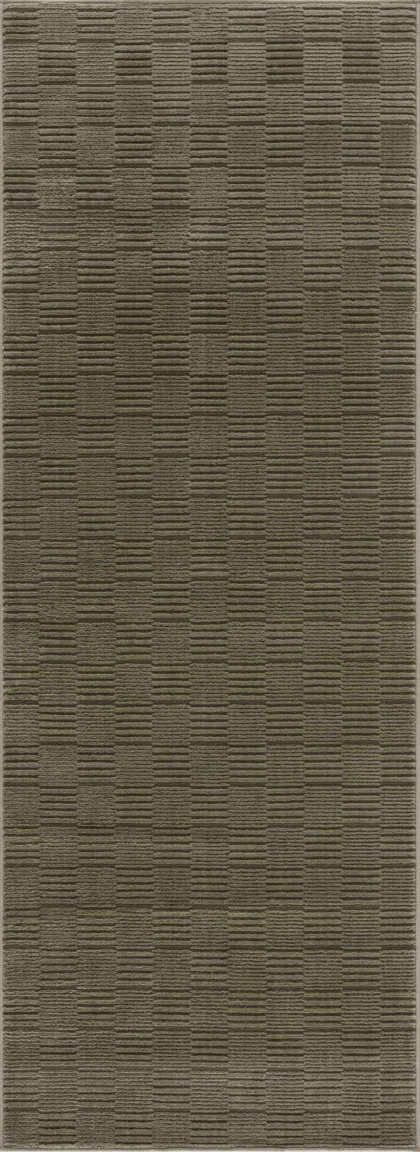 Close-up of the Kazuma Green Washable Area Rug, featuring a contemporary gray green horizontal striped pattern. Design-Runner