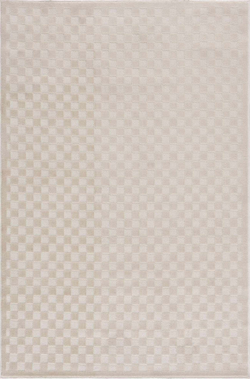 Close-up of the Gaiwan Cream Washable Area Rug, featuring a subtle checkerboard pattern in cream and off-white tones. Design-Rectangle