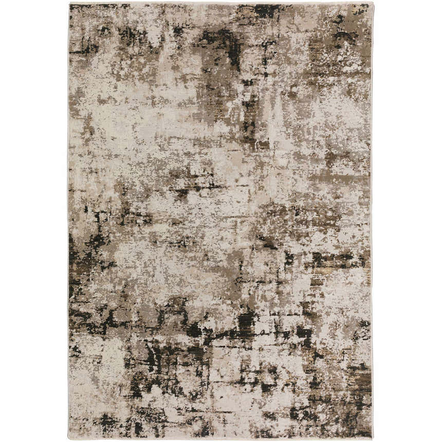 Close-up of the Dalyn Denizi DZ2 Putty Area Rug, showcasing its abstract beige, tan, and black pattern and soft texture.