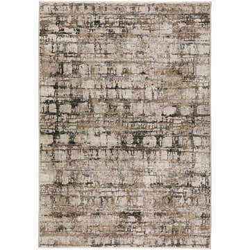 Close-up of the Dalyn Denizi DZ3 Putty Area Rug showcasing its beige, tan, and black abstract design. Farmhouse style.