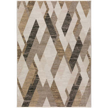 Close-up of the Dalyn Denizi DZ5 Putty Area Rug featuring a geometric diamond pattern in beige, cream, tan, and taupe.