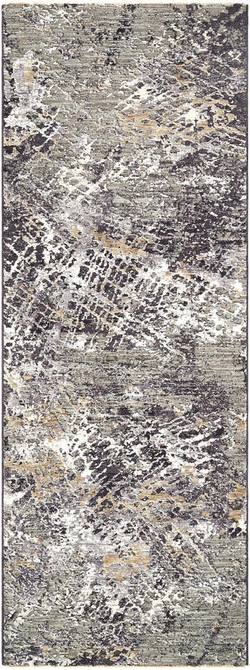Close-up of the Aolani Medium Gray Area Rug. Southwestern style rug with black, gray, ivory, and tan abstract pattern. Design-Runner-2773