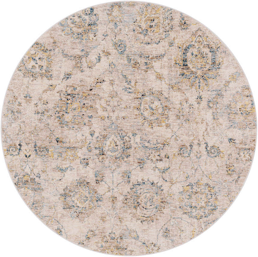 Close-up of a round Morinville Teal Floral Rug. Features a traditional floral pattern in teal, tan, and mustard tones. Design-Round-53