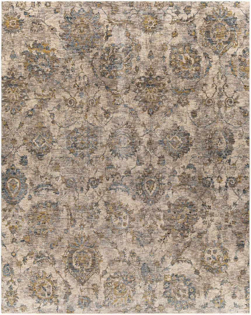 Close-up of the Morinville Teal Floral Rug, featuring a traditional oriental pattern with brown, teal, and mustard colors. Design-Rectangle-710103
