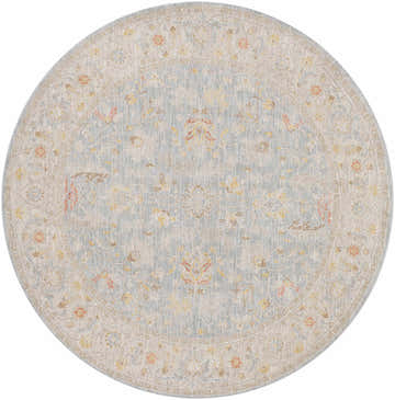 Close-up of round Edie Taupe Thick Luxe Oushak Rug featuring a traditional floral pattern in taupe, amber, and dusty pink. Design-Round-67