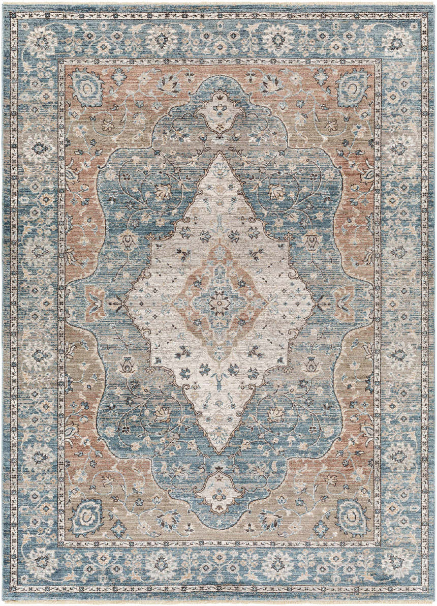 Detailed view of the Edremit Area Rug featuring cream, blue, and brown oriental pattern. Design-Rectangle-537