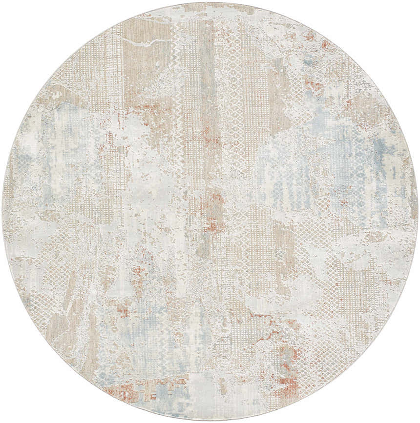 Close-up of round Efren Thick Luxe Area Rug. Abstract design in dark beige, dusty sage, gray, and light gray. Design-Round-67