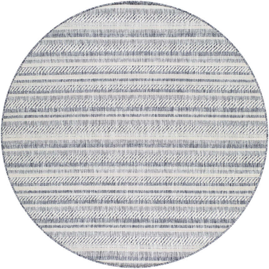 Round Emirgazi Striped Nordic Rug with a blue, gray, and off-white bohemian pattern. Machine woven texture. Design-Round-53