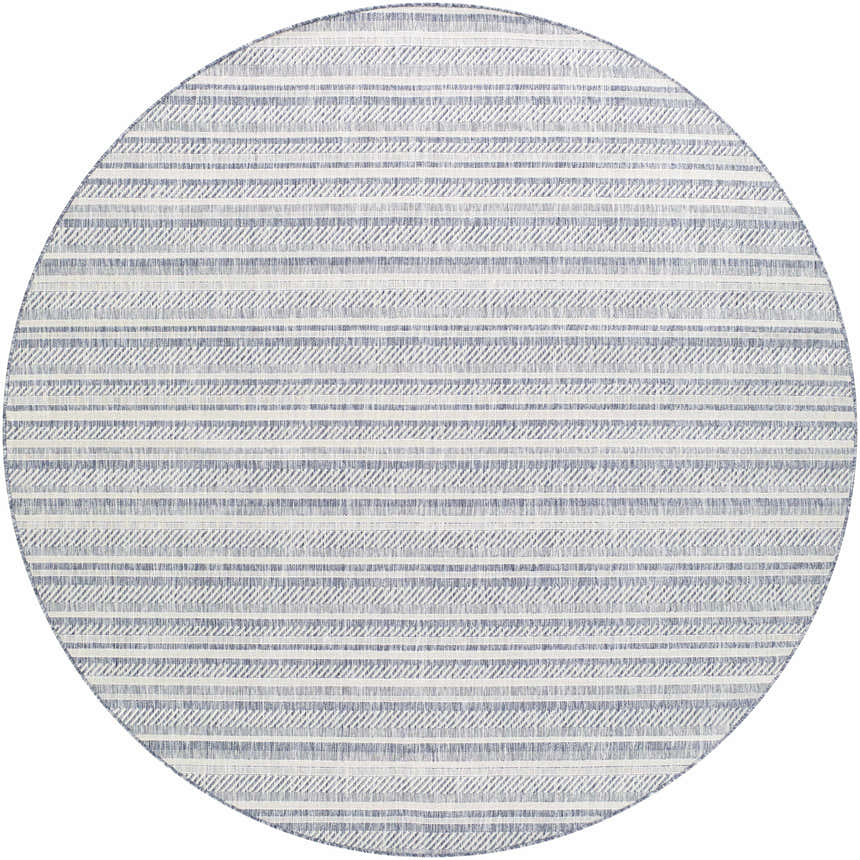 Close-up of a round Emirgazi Striped Nordic Rug. Blue and off-white stripes create a modern, textured pattern. Design-Round-710