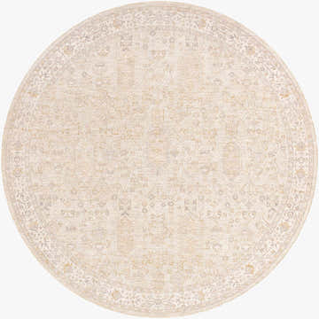 Round Rafee Tan Luxe Area Rug. Cream, ivory, and tan rug with a traditional, geometric pattern. Machine woven polyester. Design-Round-7