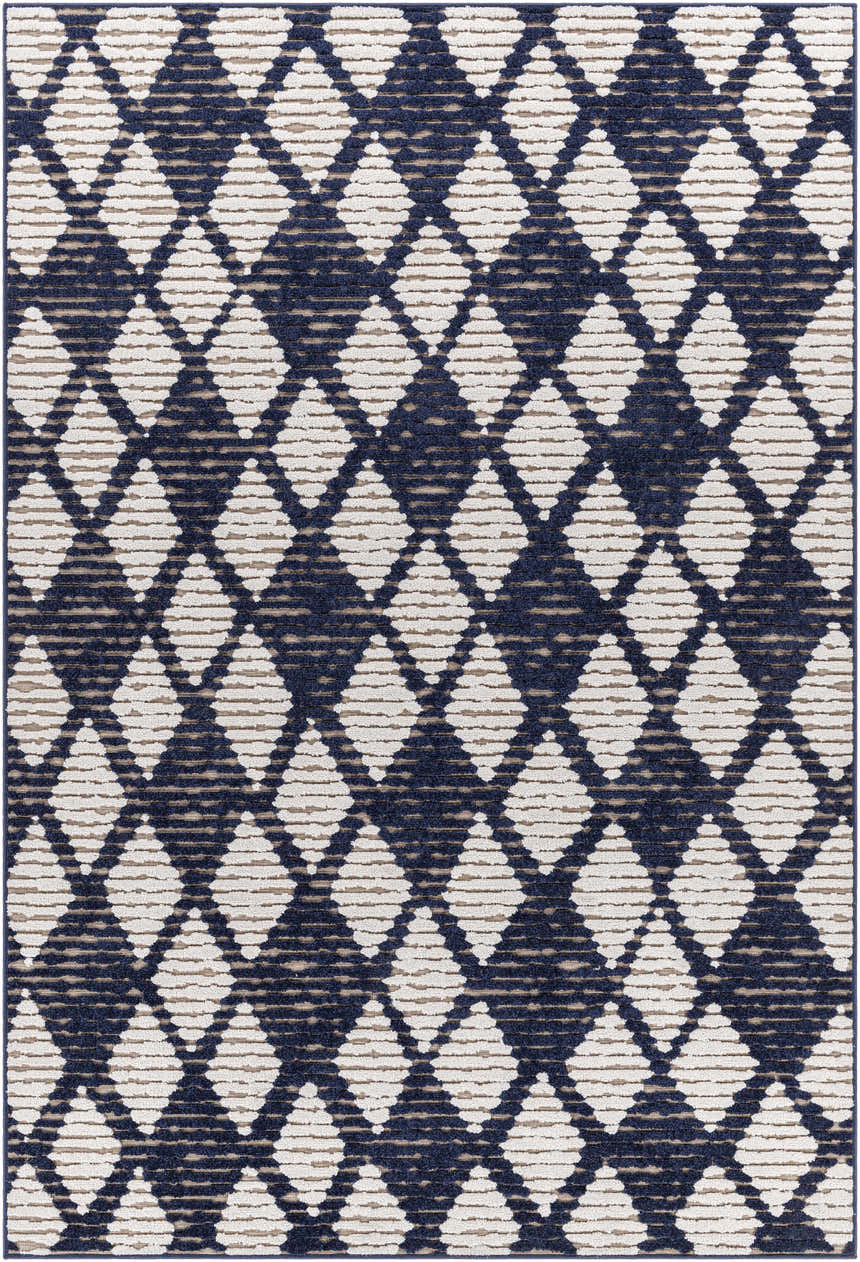 Close-up of the Enhaut 3D Outdoor Area Rug. Bone and cloud gray diamond geometric pattern. Machine woven polypropylene rug. Design-Rectangle-5373