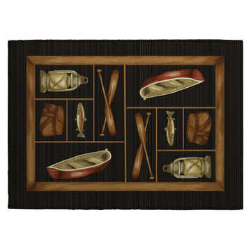 Dalyn Excursion EX4 Black Washable Area Rug close-up. Lodge style rug with boats, paddles, lanterns, and fish design.