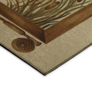 Close-up of Dalyn Excursion EX5 Beige Washable Area Rug featuring a fishing rod and cattail design in beige, brown, and green.