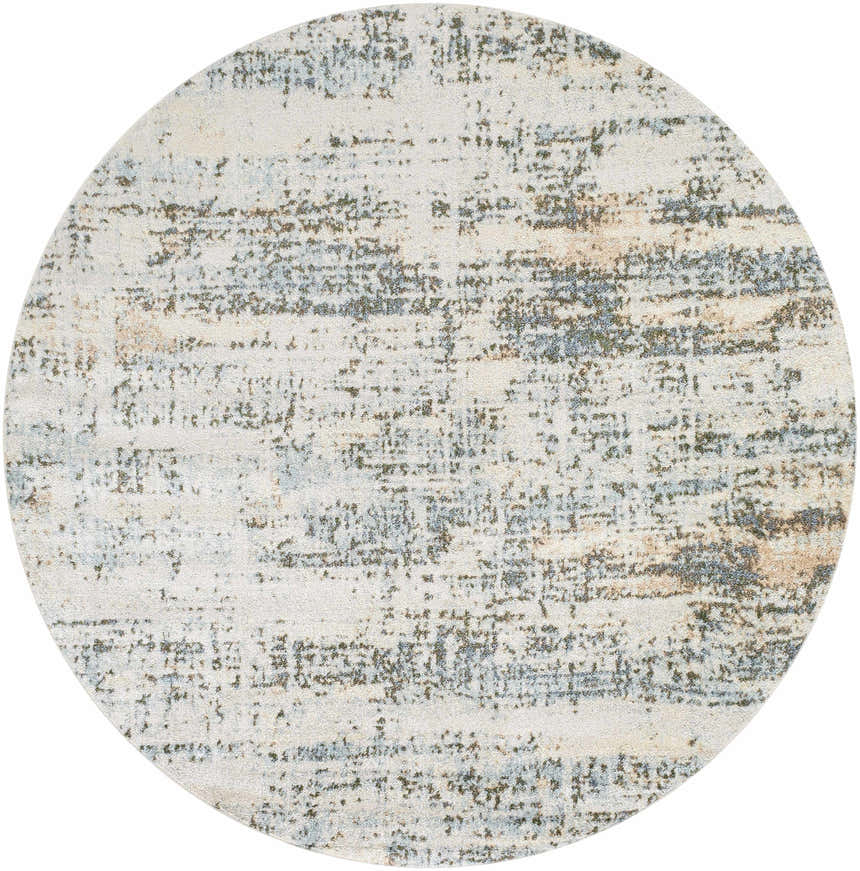 Close-up of round Aletta Washable Rug. Contemporary design in beige, green, off white, and slate blue. Machine woven texture. Design-Round-67