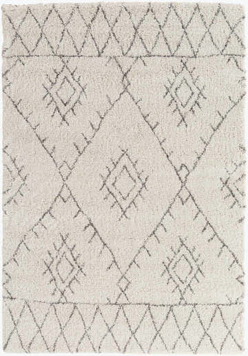 Close-up of the Flintville Moroccan Shag Area Rug. The rug has a light beige base and a charcoal diamond pattern. Design-Rectangle