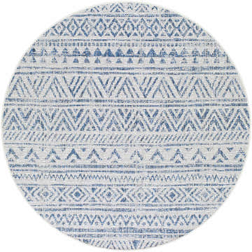 Close-up of the round Novato Navy All Over Pattern Performance Rug, featuring a blue and white geometric design. Design-Round-53