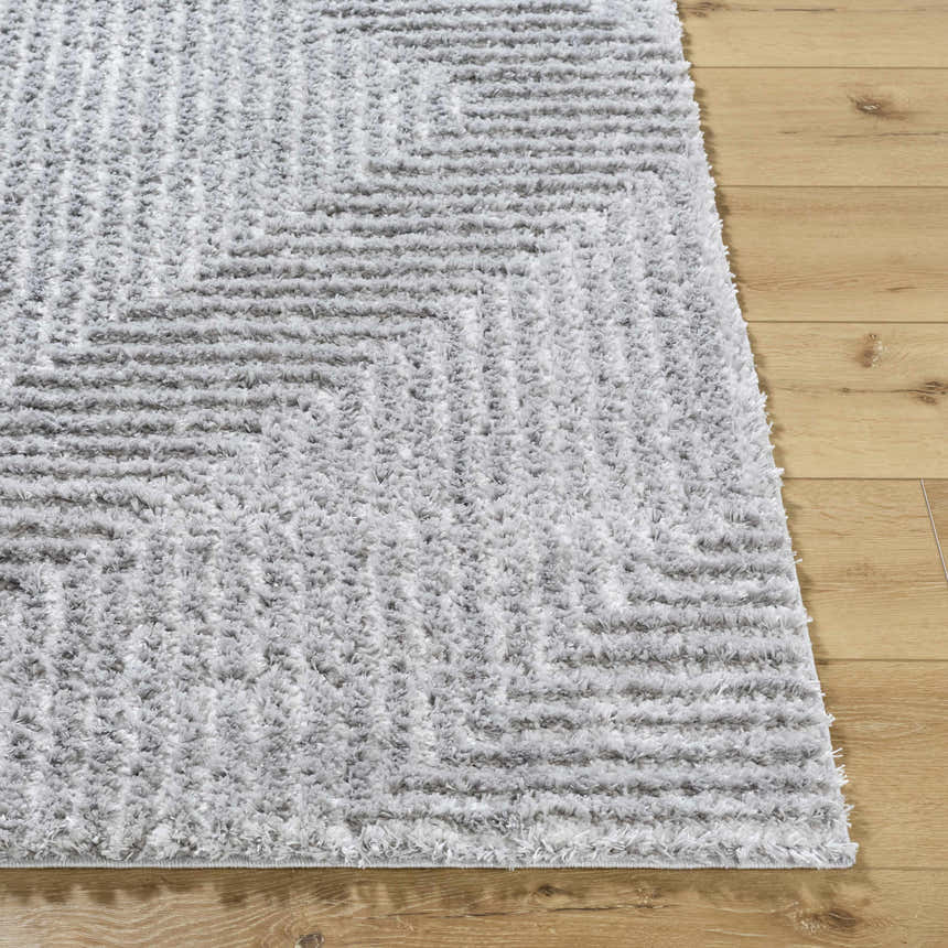 Close-up of the Ashlyn Gray Area Rug showing its shag texture and light slate geometric pattern on a wood floor. Front