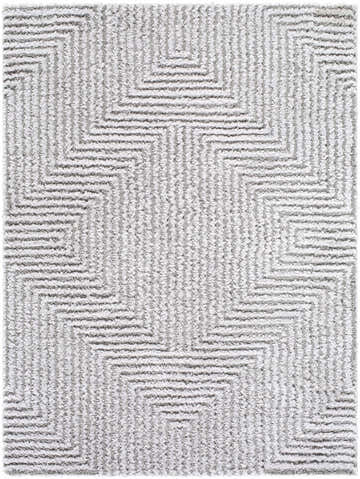 Close-up of the Ashlyn Light Slate Area Rug. Gray shag rug with a geometric maze pattern and soft, textured pile. Design-Rectangle-537