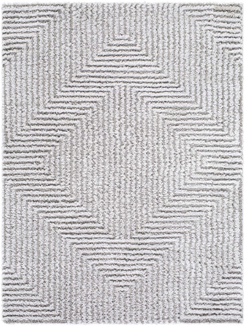 Close-up of the Ashlyn Light Slate Area Rug. Gray shag rug with a geometric maze pattern and soft, textured pile. Design-Rectangle-537