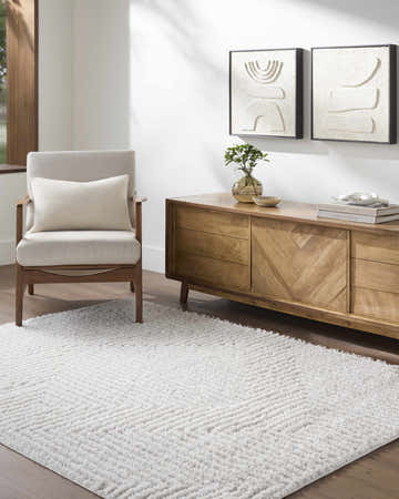 Living room scene with a cream Ashlyn shag rug, wood cabinet, chair, and neutral art. Roomscene-Rectangle