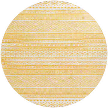 Close-up of round Galal Area Rug in beige and gold. Features a geometric, tribal-inspired pattern. Clearance rug. Design-Round-710