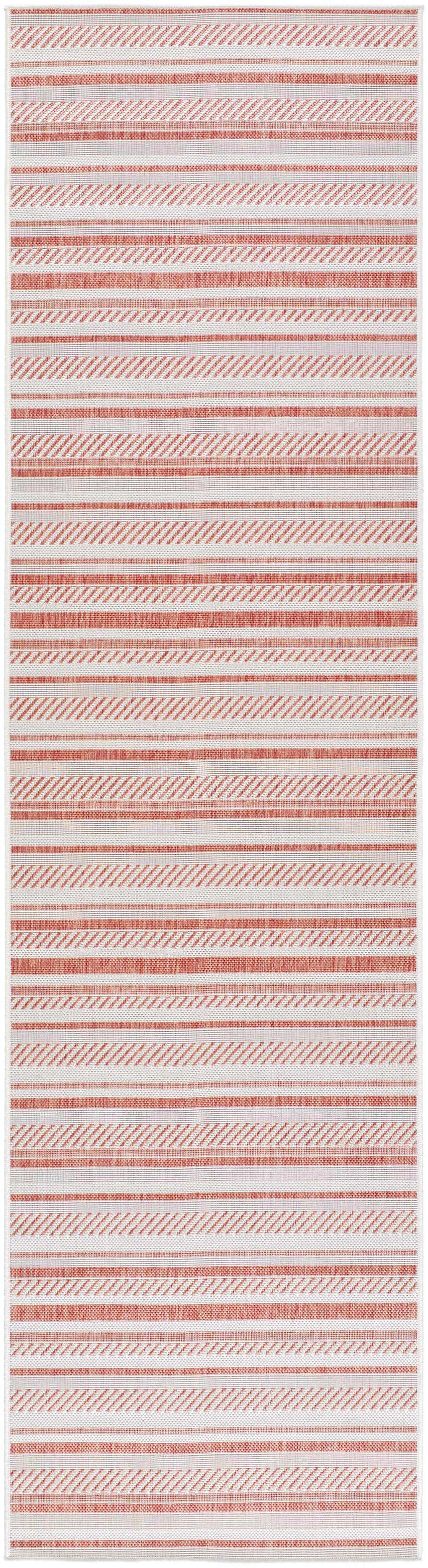 Close-up of the Garan Area Rug showcasing a terracotta and beige striped pattern and machine-woven texture. Design-Runner-2710