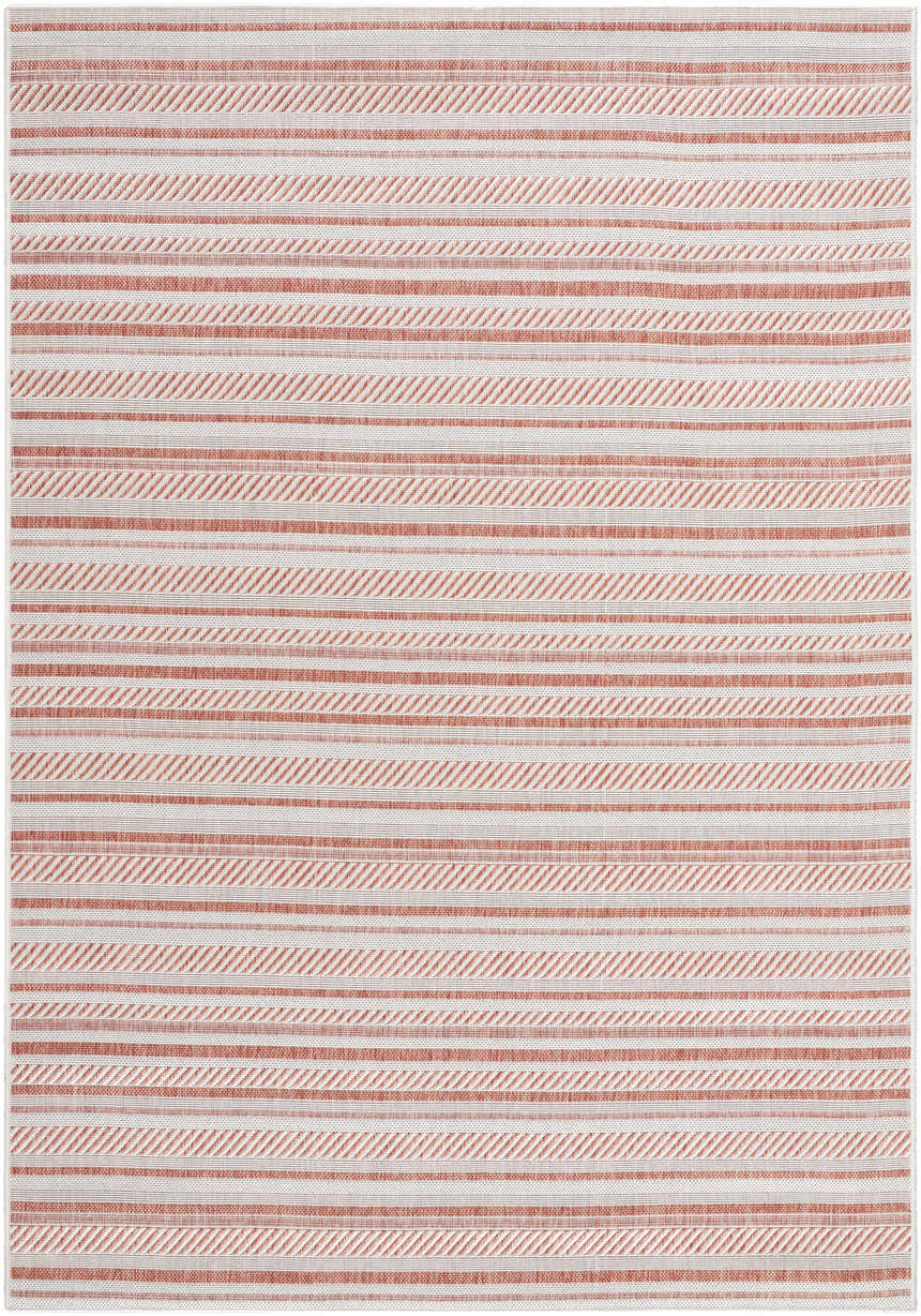 Close up of the Garan Area Rug in beige and terracotta stripes. Machine woven polypropylene rug. Design-Rectangle-537