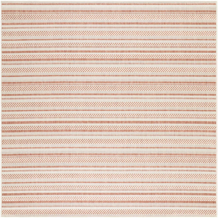 Close-up of the Garan Area Rug. Beige rug with terracotta stripes in horizontal and diagonal patterns. Design-Square-6759