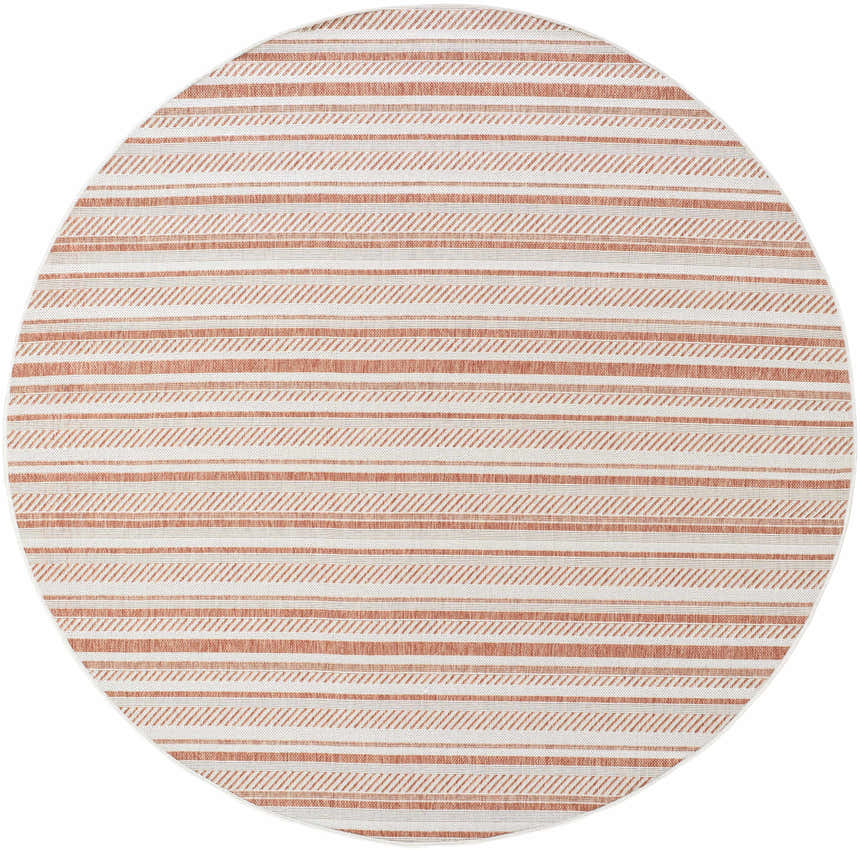 Close-up of a round Garan Area Rug. Stripes in terracotta, beige, and bone. Farmhouse style, machine woven polypropylene. Design-Round-67