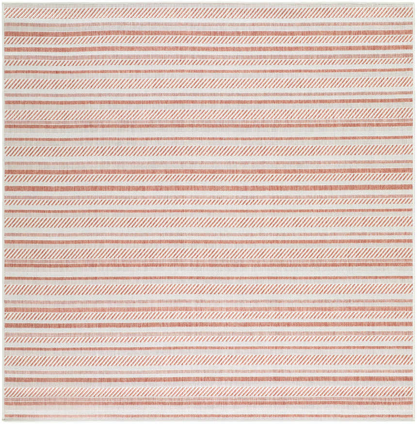 Close-up of Garan Area Rug. Beige and terracotta stripes in a farmhouse style pattern. Machine woven texture. Design-Square-67