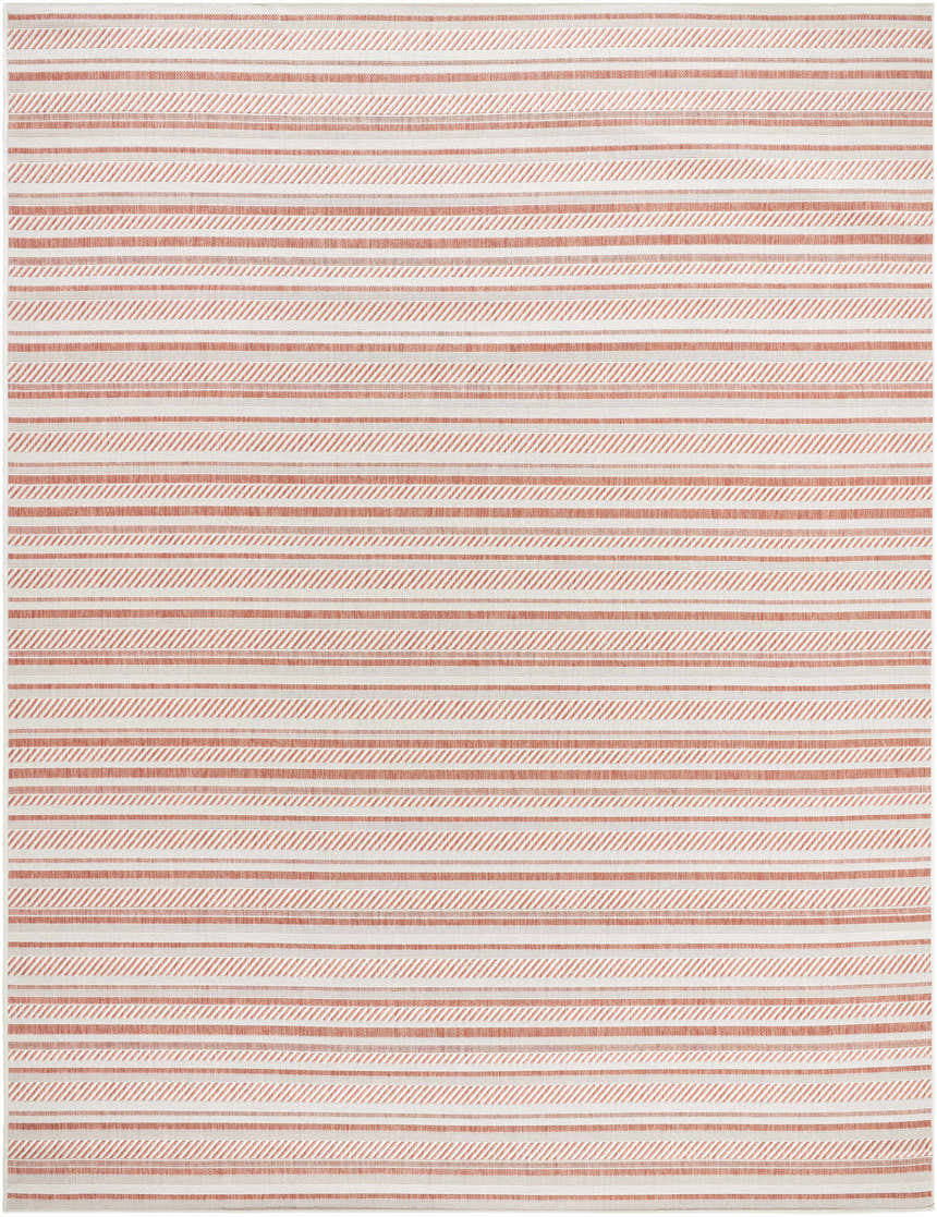 Close-up of the Garan Area Rug. Beige and terracotta stripes create a farmhouse, transitional pattern. Machine woven texture. Design-Rectangle-710102
