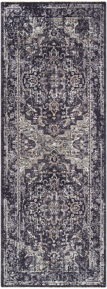 Close-up of the Alissa Black Area Rug. Traditional farmhouse style with black, gray, and ivory distressed pattern. Design-Runner-2773