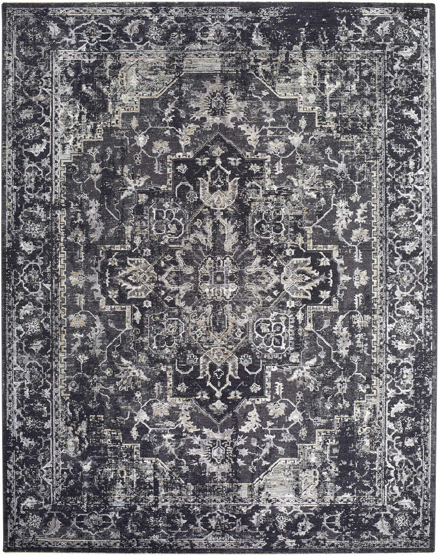 Close-up of the Alissa Black Area Rug, showcasing its traditional, distressed floral pattern in black, charcoal, gray, and ivory. Design-Rectangle-710102