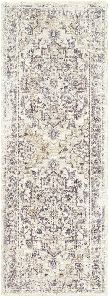 Close-up of the Alissa Cream Area Rug. Traditional design with charcoal, cream, gray, and tan floral and geometric patterns. Design-Runner-2773
