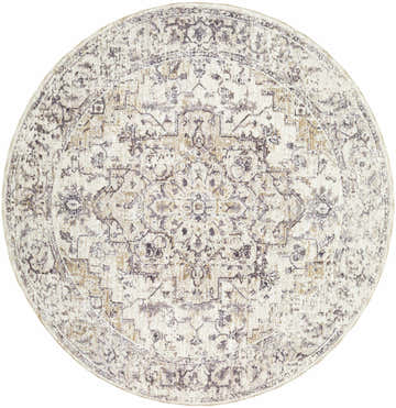 Close-up of the round Alissa Cream Area Rug, showing its traditional charcoal, tan, and ivory floral pattern. Design-Round-53