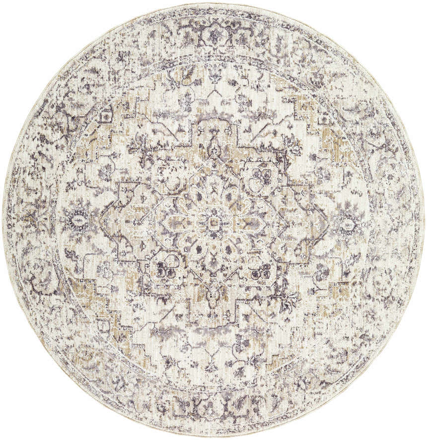 Close-up of the round Alissa Cream Area Rug, showing its traditional charcoal, tan, and ivory floral pattern. Design-Round-53