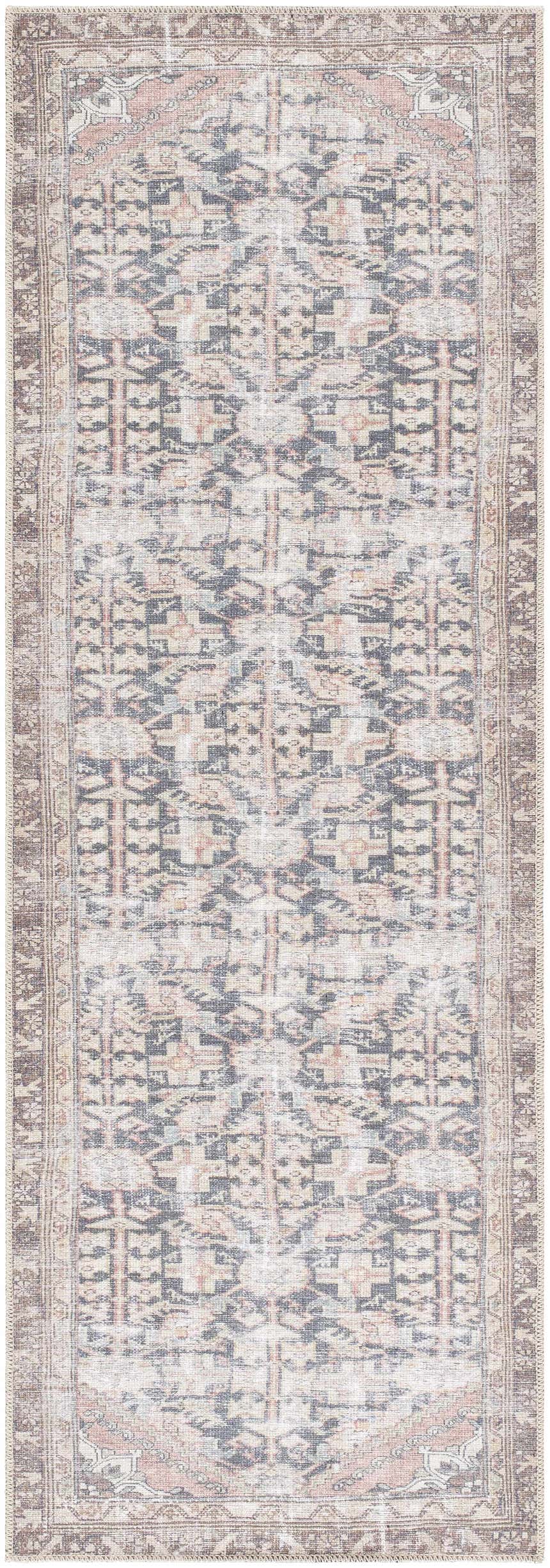 Close-up of the Ameera Washable Area Rug. Beige, black, and blue traditional design with a dark brown border. Design-Runner-27710