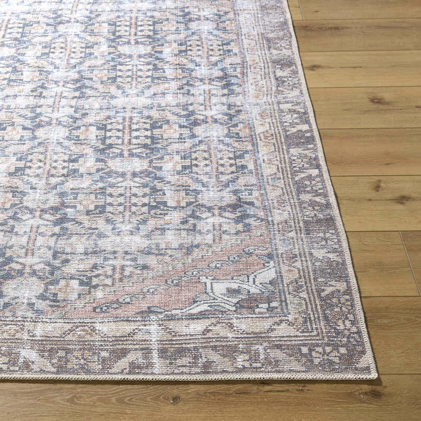 Close-up of the Ameera Washable Area Rug. Beige, black, blue, and brown traditional pattern. Machine woven texture. Front